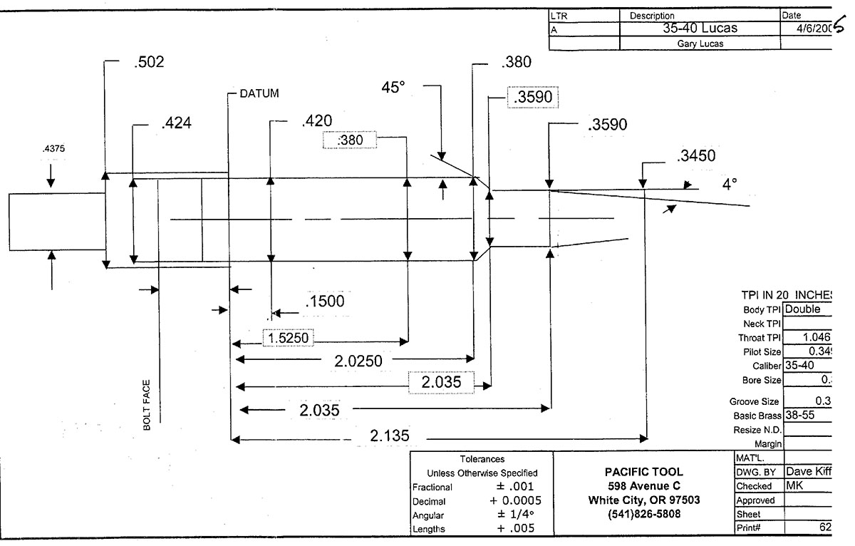 Here is a .35-40 Lucas chamber reamer drawing for .35-40 Maynard.